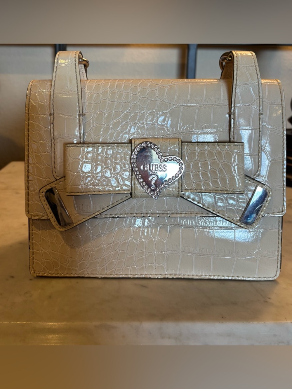 GUESS Croc-Embossed Mini Satchel in Cream with Heart Logo